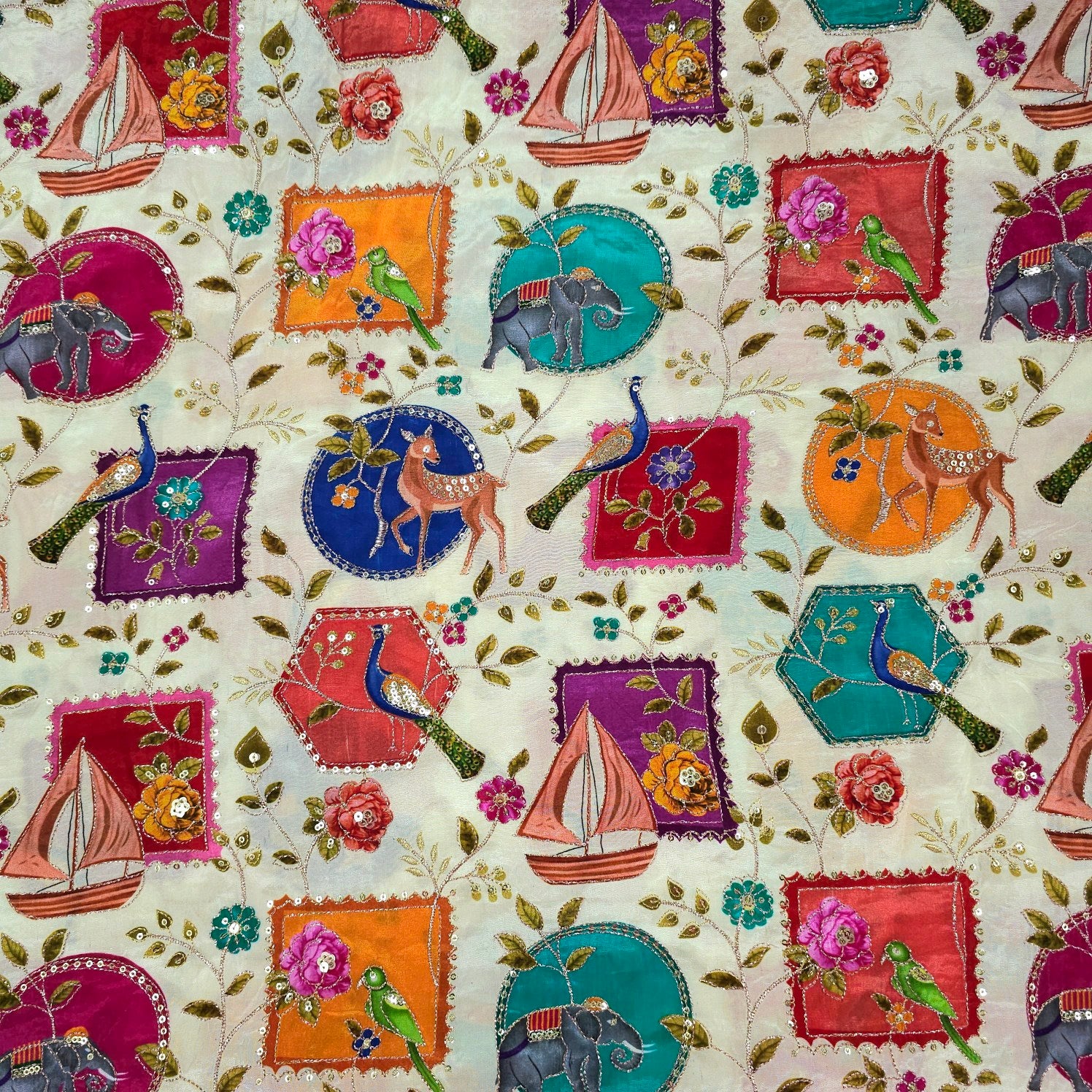 Tarkashi Off  White Base Crepe with Multicolor Animal & Floral Embroidered Motifs