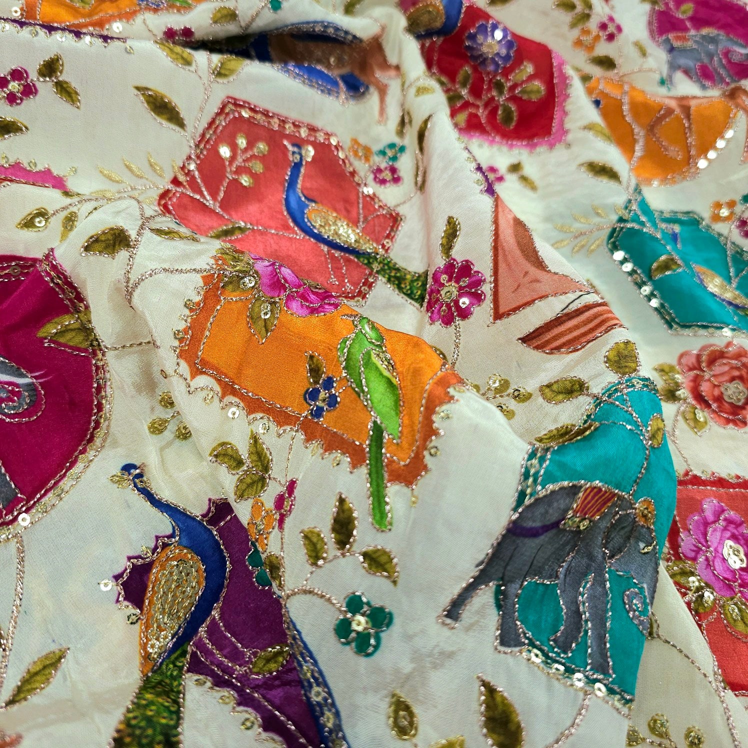 Tarkashi Off  White Base Crepe with Multicolor Animal & Floral Embroidered Motifs