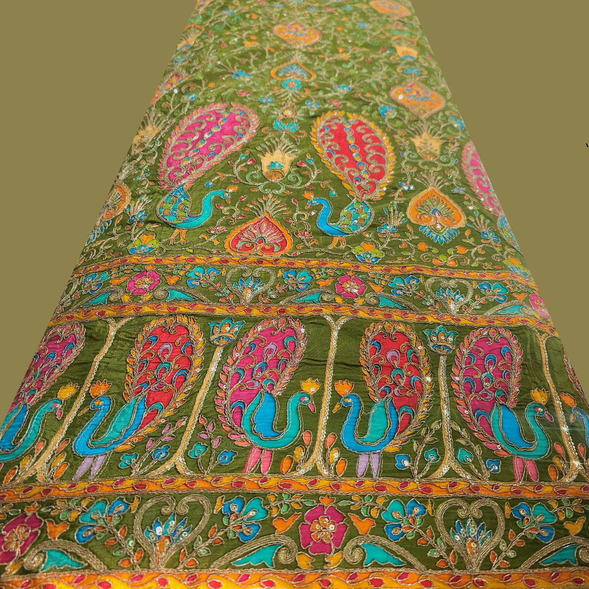 Tarkashi Moss Green Crepe Fabric Embroidered with Floral & Peacock Border