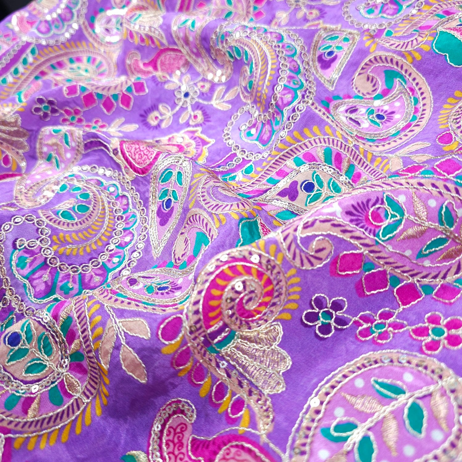 Mehraab Light Lilac Crepe with Embroidered Multicolor Paisely Motifs