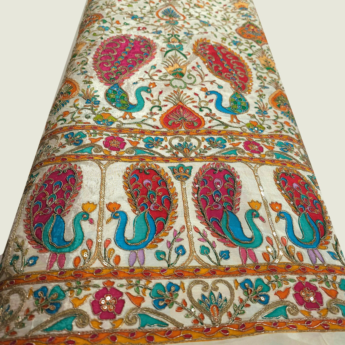 Tarkashi White Crepe Fabric Embroidered with Floral & Peacock Border
