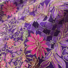 Embroidered Zari & Sequins Work Crepe with Floral & Geometric Position Print  - Purple Color