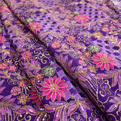 Embroidered Zari & Sequins Work Crepe with Floral & Geometric Position Print  - Purple Color