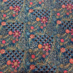 Embroidered Zari & Sequins Work Crepe with Floral & Geometric Position Print  - Cobalt Blue