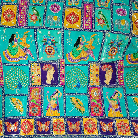 Navratri Dandiya Special Crepe Print with Embroidered Sequins - Turquoise Blue