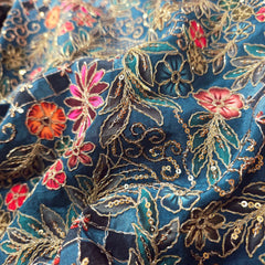 Embroidered Zari & Sequins Work Crepe with Floral & Geometric Position Print  - Cobalt Blue
