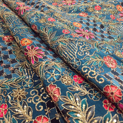 Embroidered Zari & Sequins Work Crepe with Floral & Geometric Position Print  - Cobalt Blue