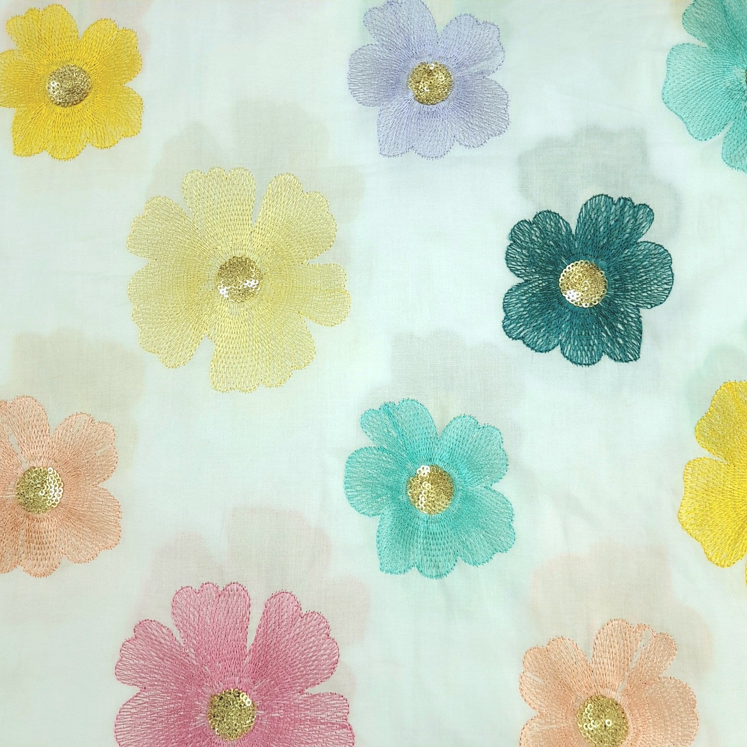 Rangeen Kaliyan Floral Multicolor Threadwork on White Cotton Base