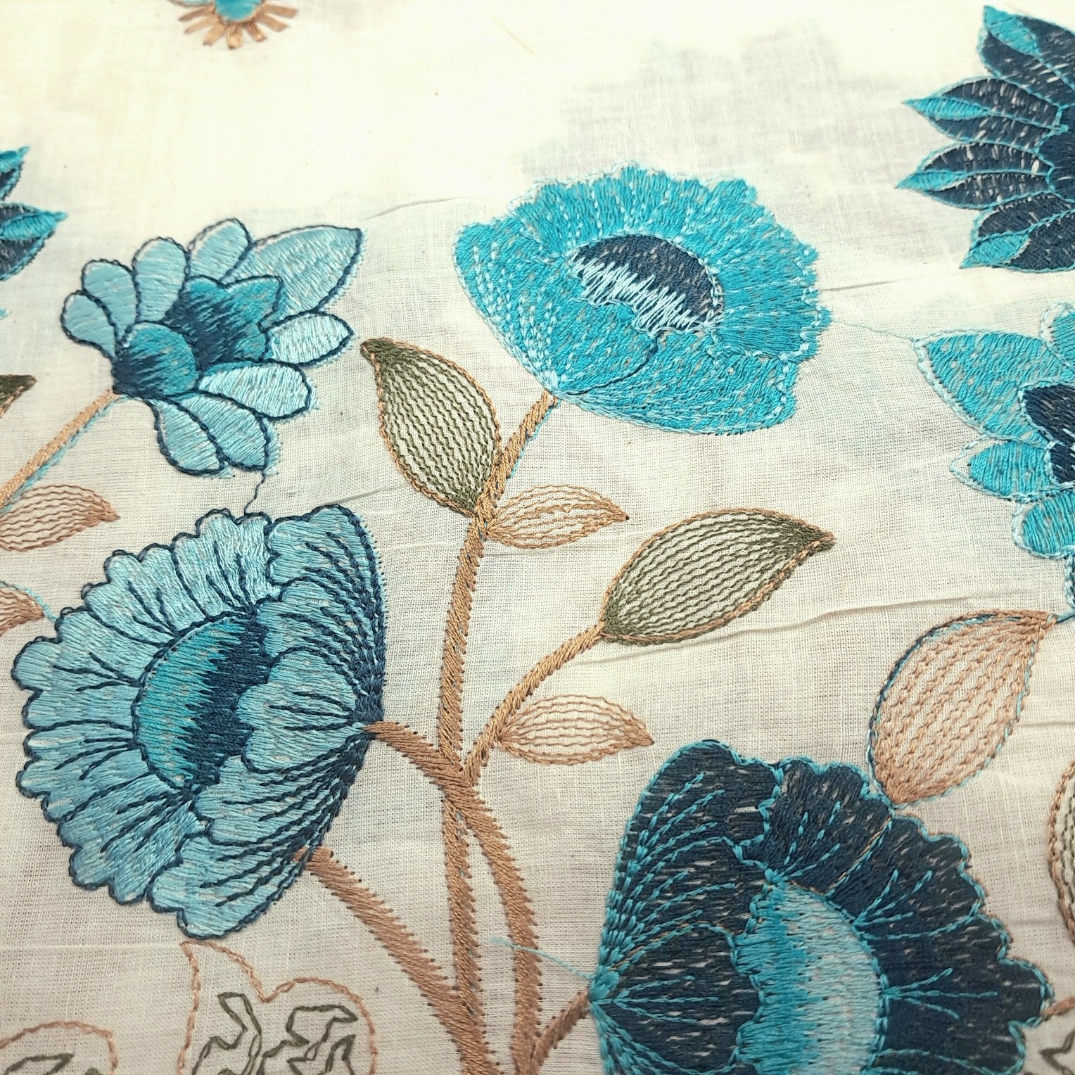 Barkha Embroidered Cotton Fabric on White Base with Blue Floral Threadwork