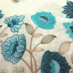 Barkha Embroidered Cotton Fabric on White Base with Blue Floral Threadwork