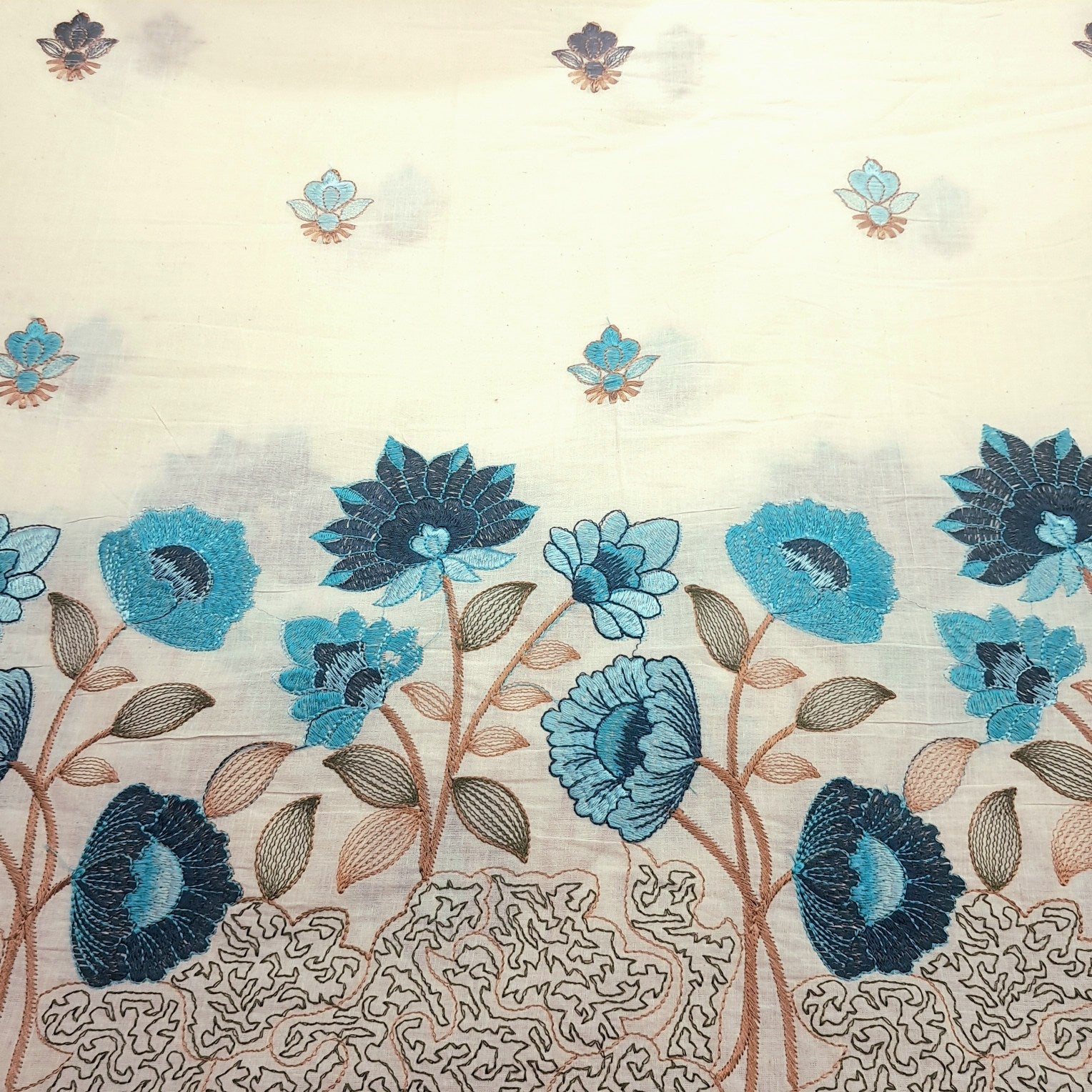 Barkha Embroidered Cotton Fabric on White Base with Blue Floral Threadwork