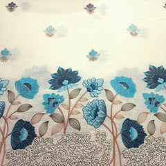 Barkha Embroidered Cotton Fabric on White Base with Blue Floral Threadwork