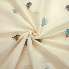 Barkha Embroidered Cotton Fabric on White Base with Blue Floral Threadwork