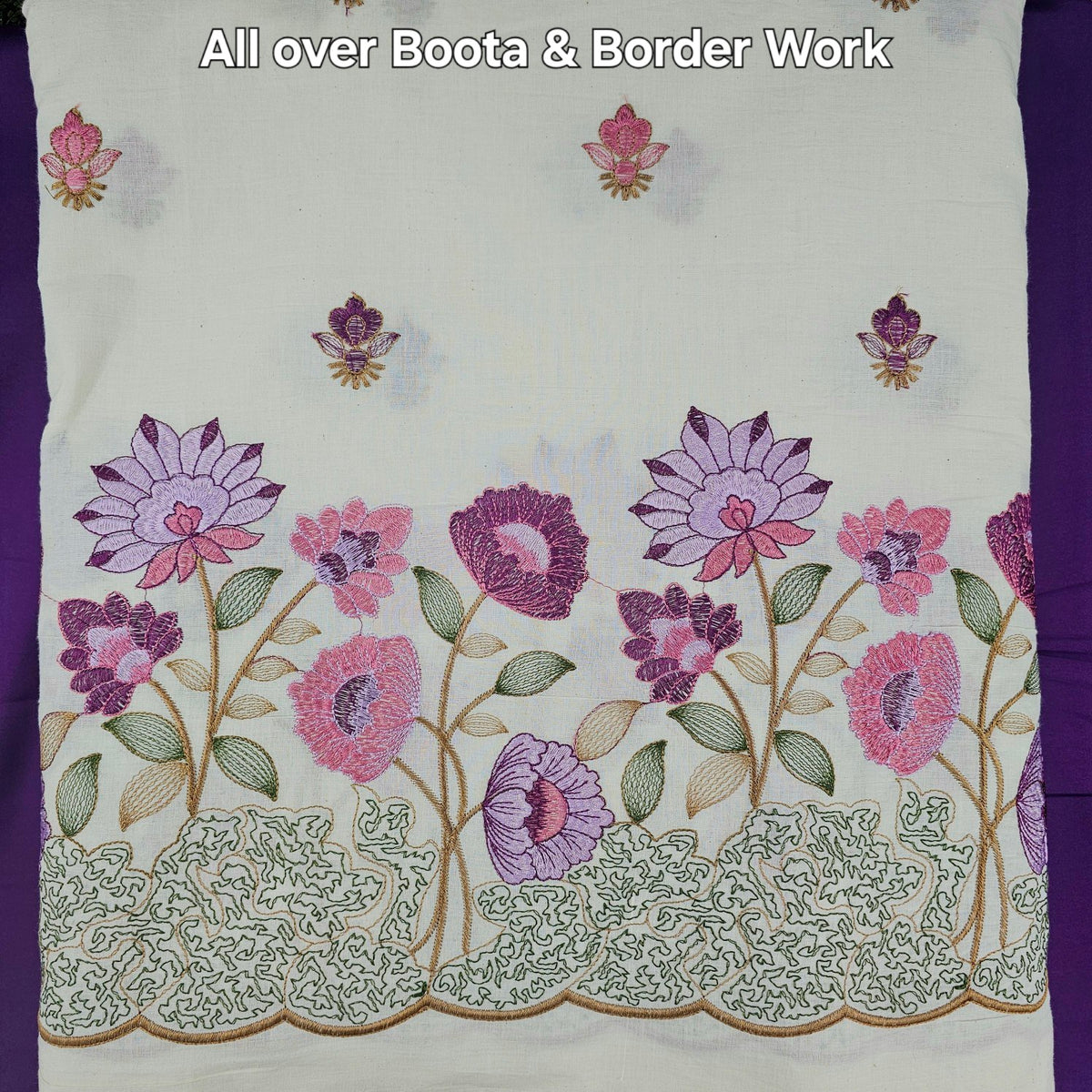 Barkha Embroidered Cotton Fabric on White Base with Pink and Purple Floral Threadwork
