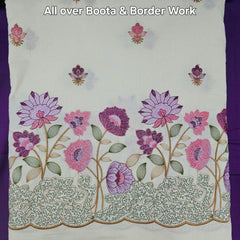Barkha Embroidered Cotton Fabric on White Base with Pink and Purple Floral Threadwork