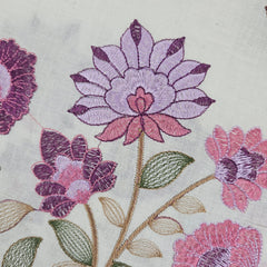 Barkha Embroidered Cotton Fabric on White Base with Pink and Purple Floral Threadwork