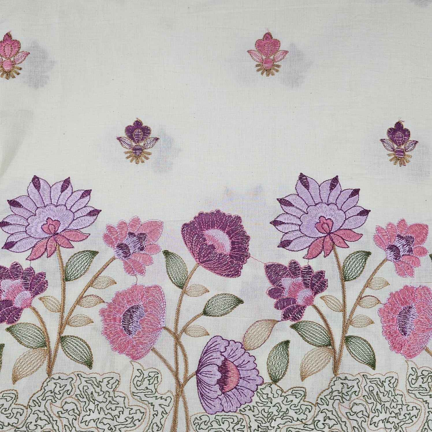 Barkha Embroidered Cotton Fabric on White Base with Pink and Purple Floral Threadwork
