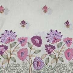 Barkha Embroidered Cotton Fabric on White Base with Pink and Purple Floral Threadwork