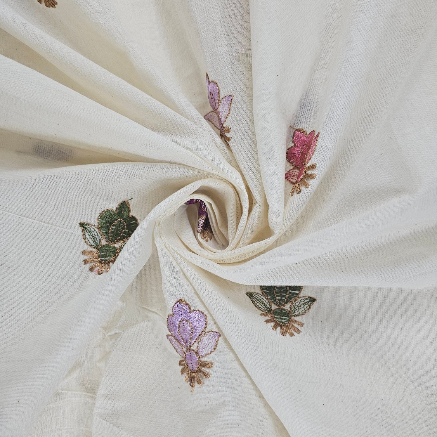 Barkha Embroidered Cotton Fabric on White Base with Pink and Purple Floral Threadwork
