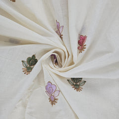 Barkha Embroidered Cotton Fabric on White Base with Pink and Purple Floral Threadwork