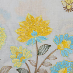 Barkha Embroidered Cotton Fabric on White Base with Yellow and Sky Blue Floral Threadwork