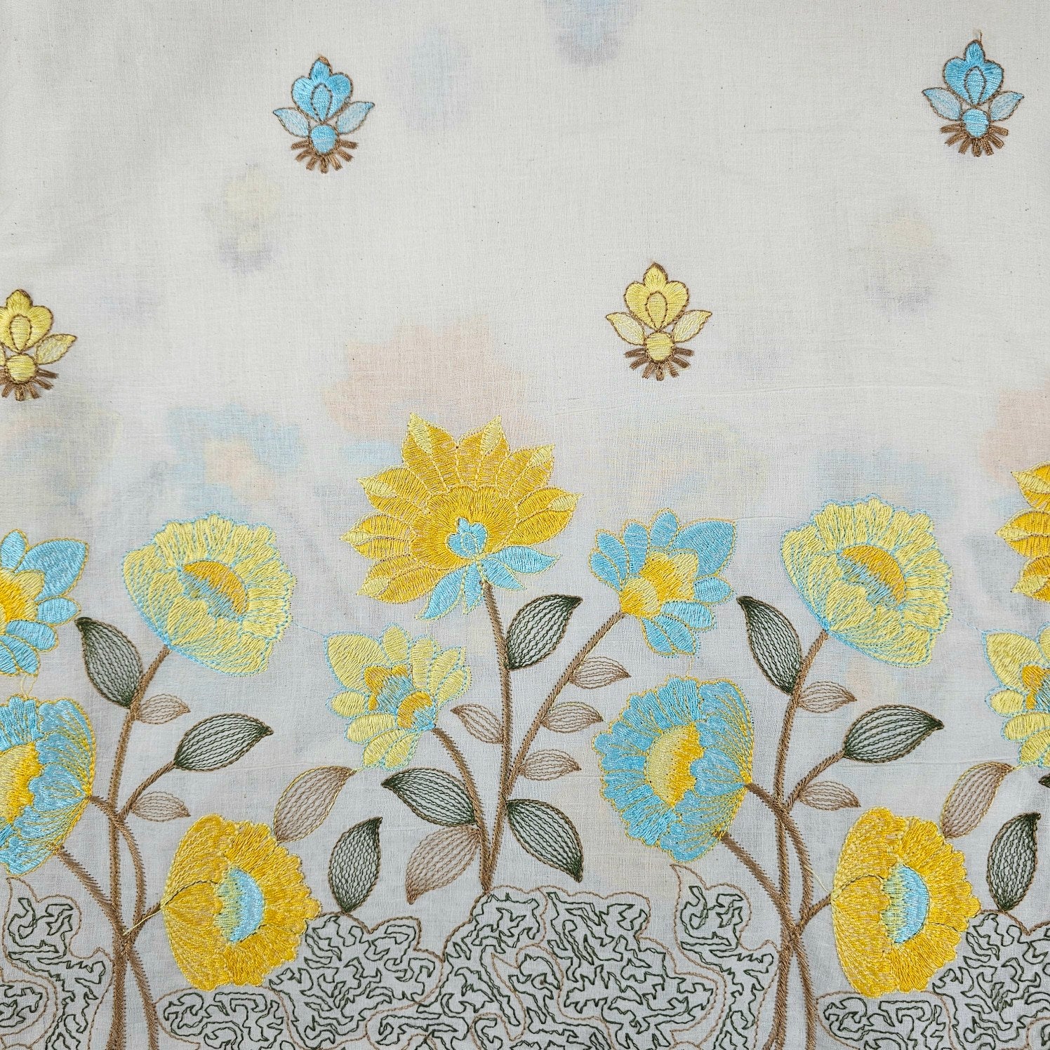 Barkha Embroidered Cotton Fabric on White Base with Yellow and Sky Blue Floral Threadwork