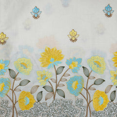 Barkha Embroidered Cotton Fabric on White Base with Yellow and Sky Blue Floral Threadwork