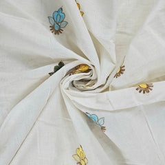 Barkha Embroidered Cotton Fabric on White Base with Yellow and Sky Blue Floral Threadwork