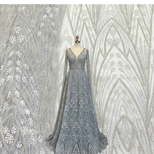 Ice Grey Embroidered Net Fabric with Sequins and Beads 2992