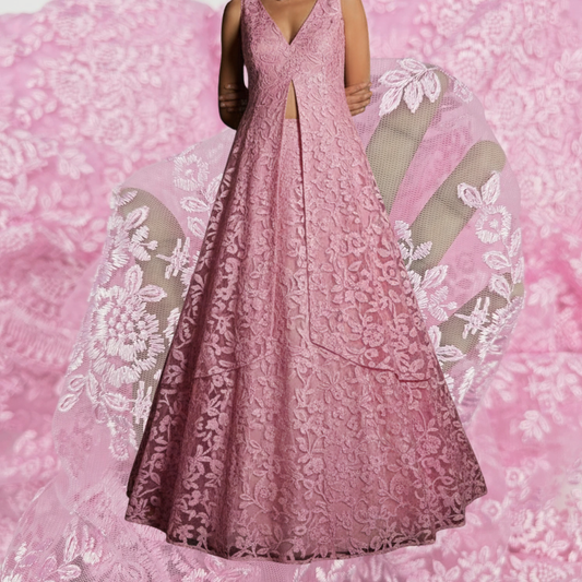 Embroidered Light Pink Net Fabric with Intricate rose patterns 2992