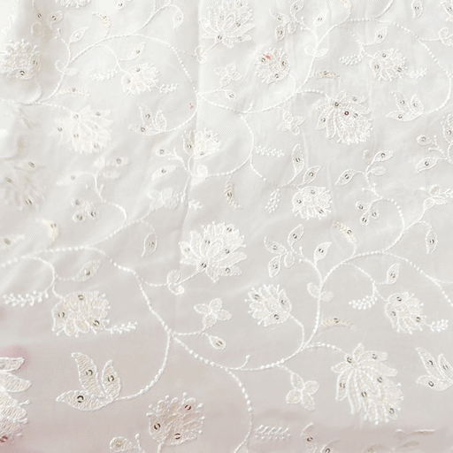 Embroidered Off - White Dyeable Georgette Fabric with Floral work & Sequin Highlights