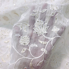 Embroidered Off - White Dyeable Georgette Fabric with Floral work & Sequin Highlights