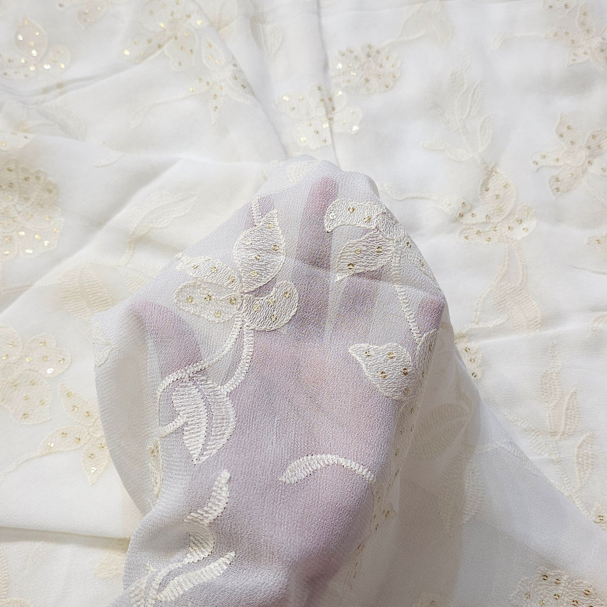 Embroidered Off - White Dyeable Georgette Fabric with Floral work & Sequin Highlights
