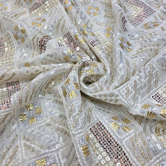 Multicolor Sequin Work Dyeable Georgette Fabric with Geometric Pattern