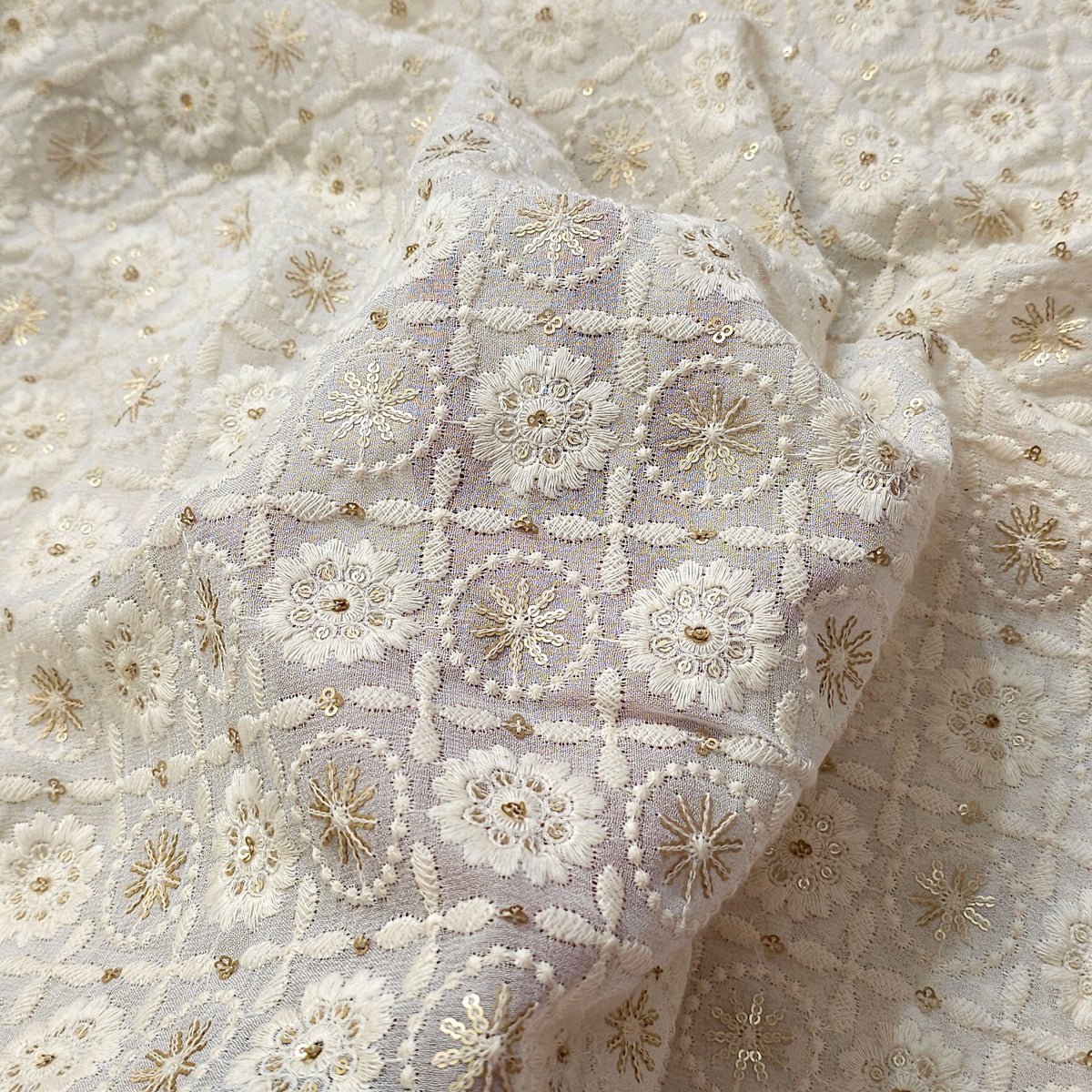 Embroidered Off-White Dyeable Georgette with Floral Threadwork & Sequin Highlights