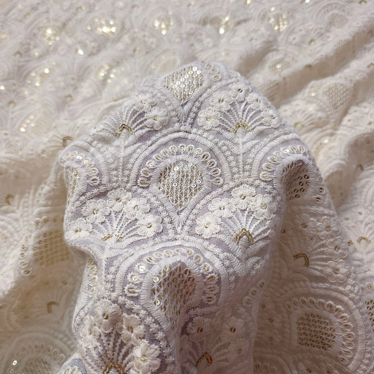 Embroidered Off-White Dyeable Georgette with Scallope Threadwork & Sequin Highlights