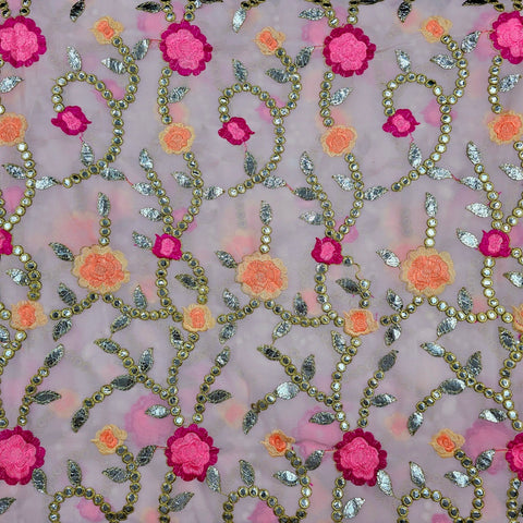 Zarqa Georgette Gota Patti Fabric on White Base