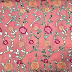 Zarqa Georgette Gota Patti Fabric on Pastel Peach Base