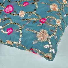 Zarqa Georgette Gota Patti Fabric on Teal Blue Base