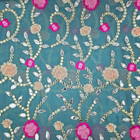 Zarqa Georgette Gota Patti Fabric on Teal Blue Base