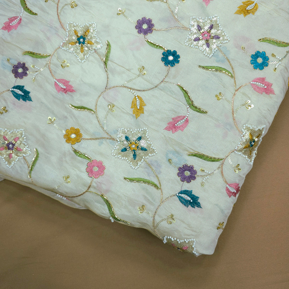 Zarisha Hand Embroidered Dyeable Shimmer Tissue Fabric with Floral and Star Motifs