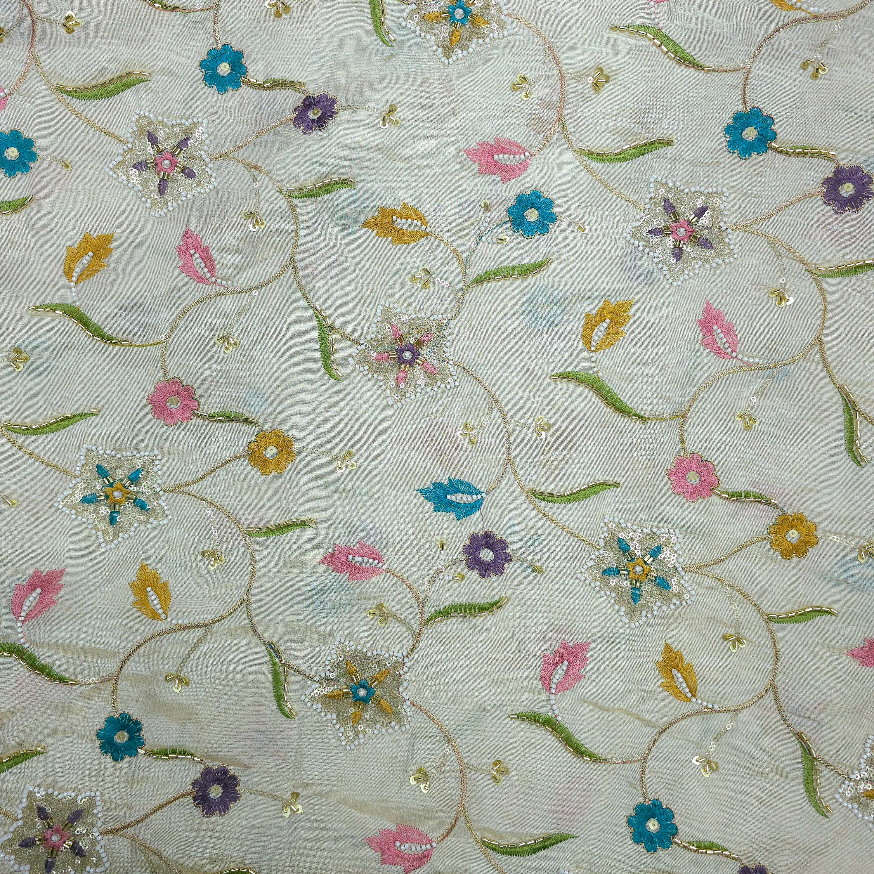 Zarisha Hand Embroidered Dyeable Shimmer Tissue Fabric with Floral and Star Motifs