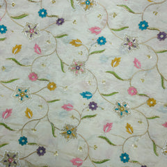 Zarisha Hand Embroidered Dyeable Shimmer Tissue Fabric with Floral and Star Motifs