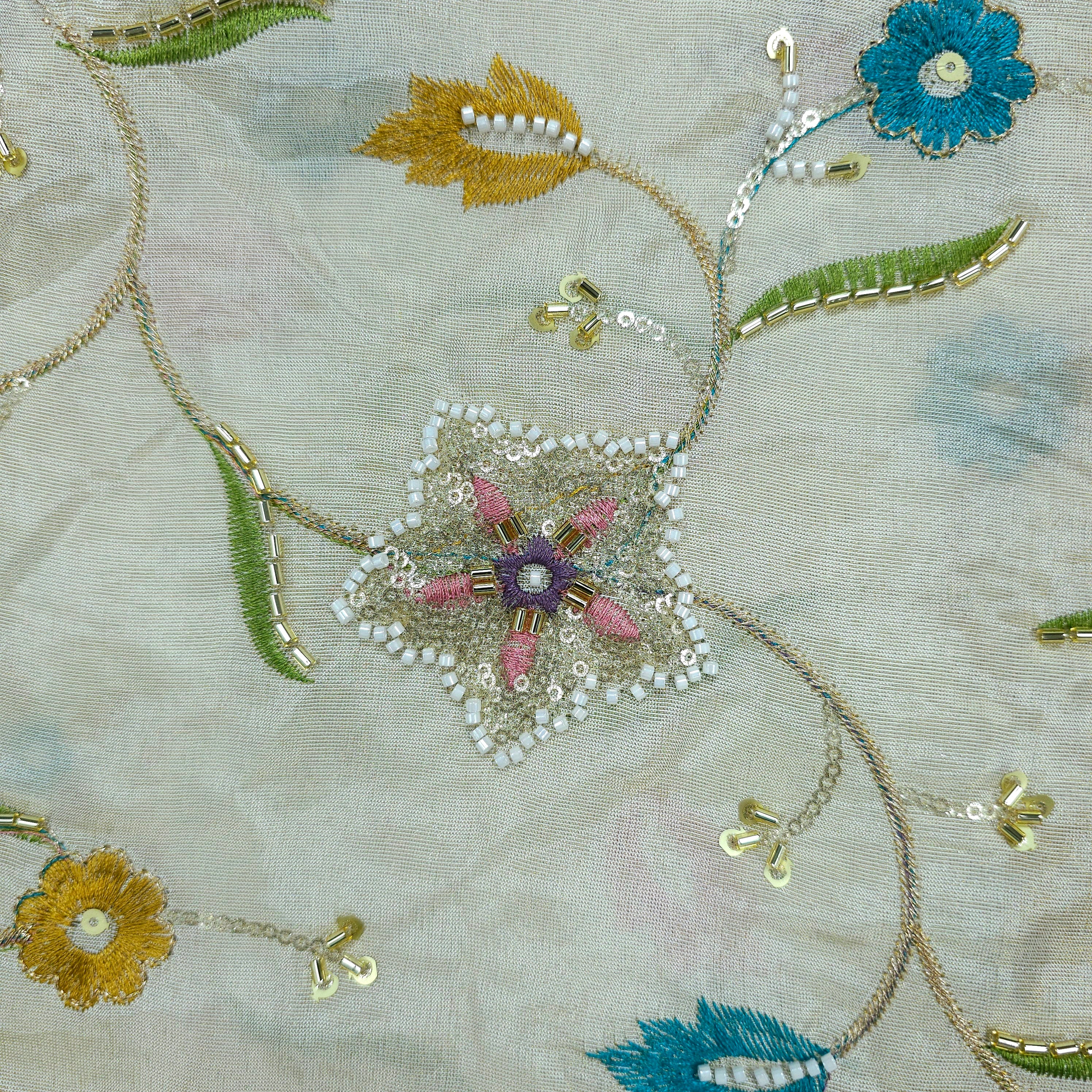 Zarisha Hand Embroidered Dyeable Shimmer Tissue Fabric with Floral and Star Motifs