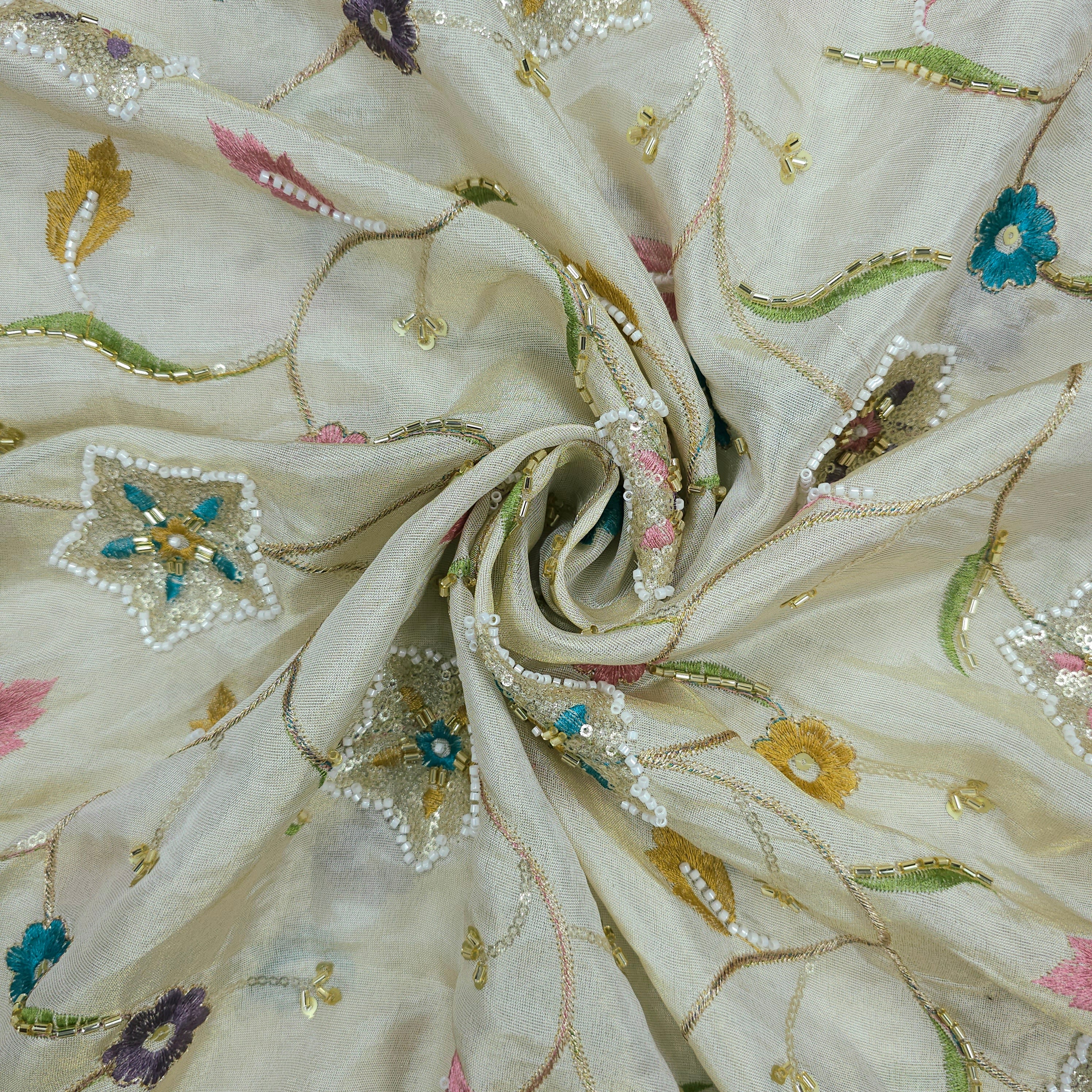 Zarisha Hand Embroidered Dyeable Shimmer Tissue Fabric with Floral and Star Motifs