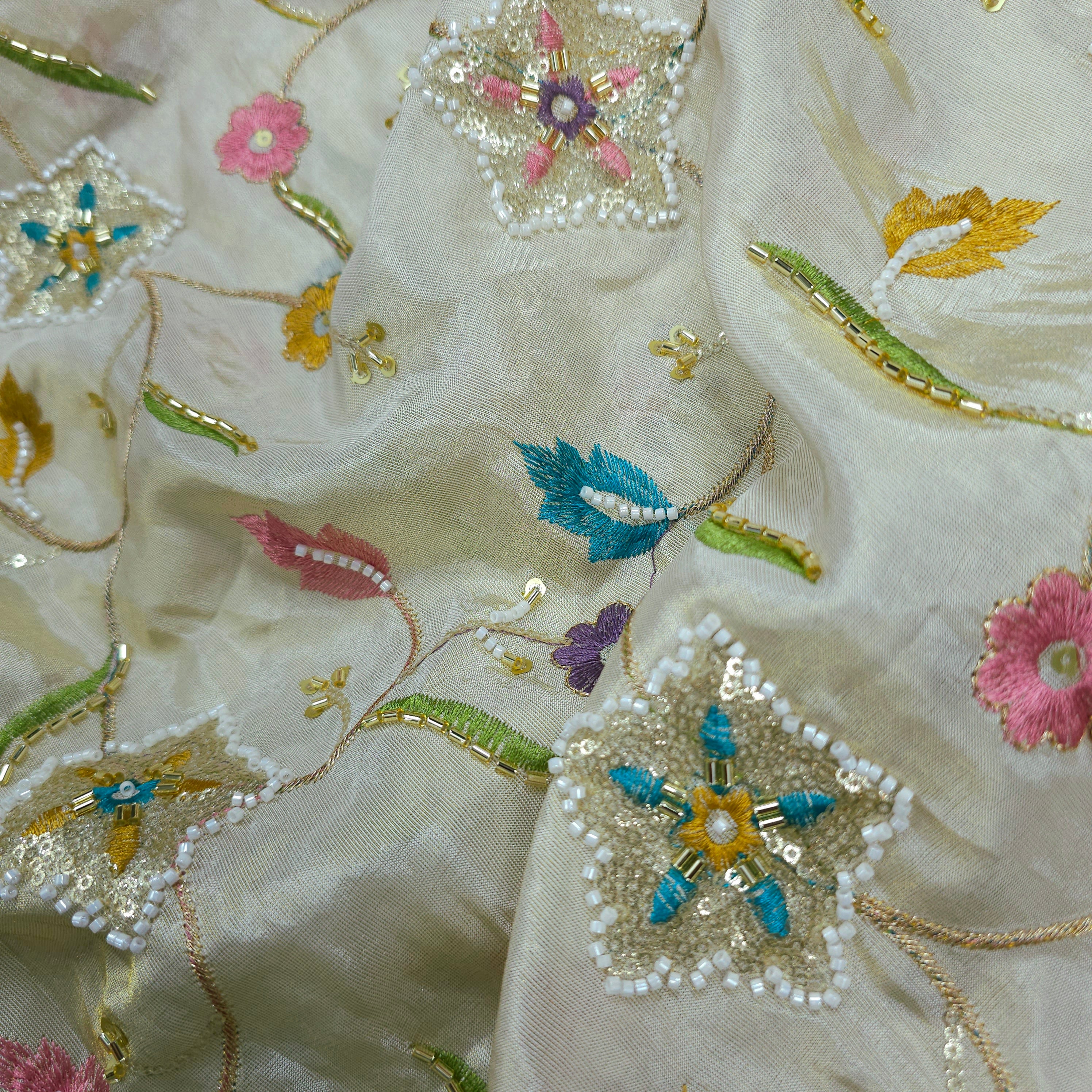 Zarisha Hand Embroidered Dyeable Shimmer Tissue Fabric with Floral and Star Motifs