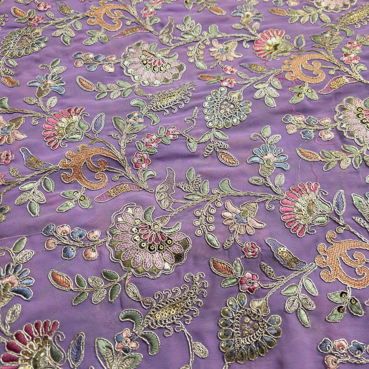 Nazira Embroidered Lilac Purple Georgette Fabric with Multicolor Floral Pattern