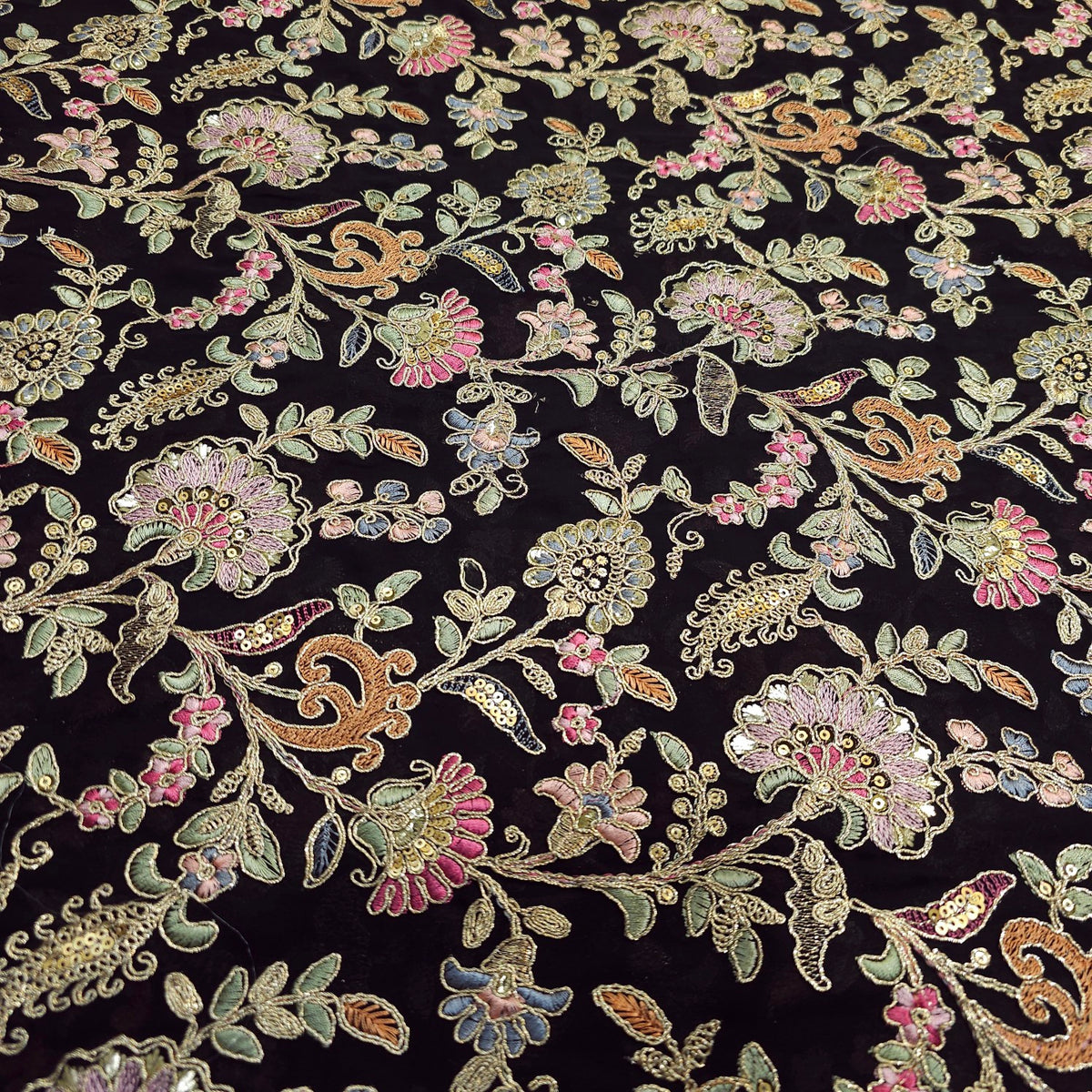 Nazira Embroidered Black Georgette Fabric with Multicolor Floral Pattern