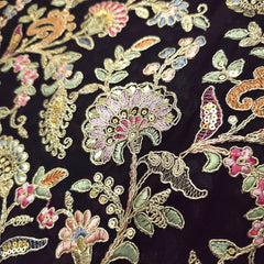 Nazira Embroidered Black Georgette Fabric with Multicolor Floral Pattern
