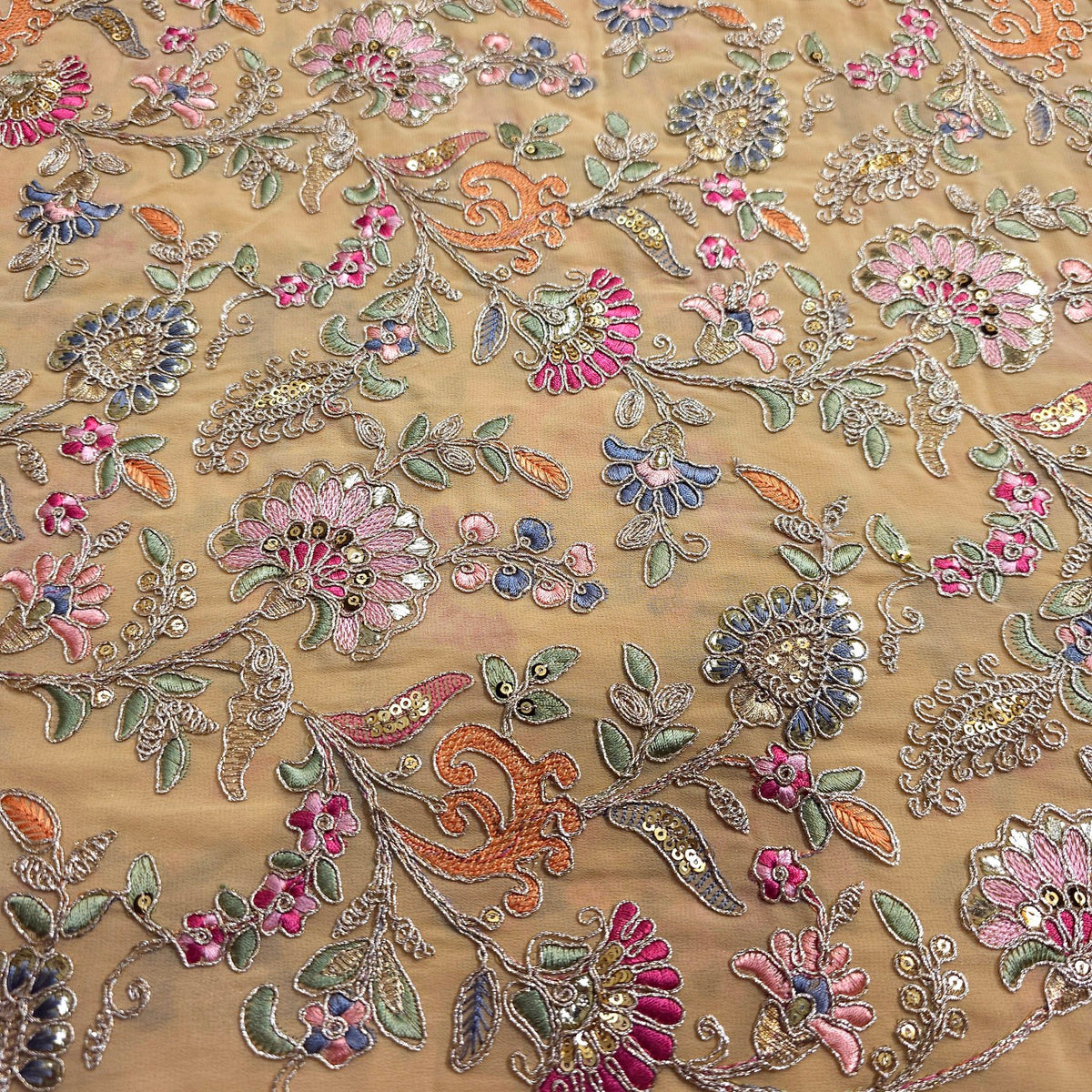 Nazira Embroidered Biege Georgette Fabric with Multicolor Floral Pattern